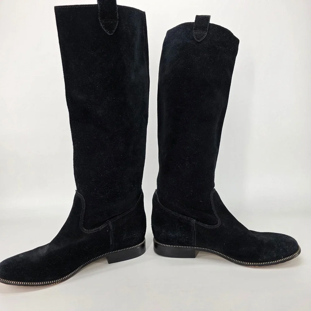 Michael Kors Knee Boots Bayview Black Suede Leather Riding Zipper Trim Pull On 8